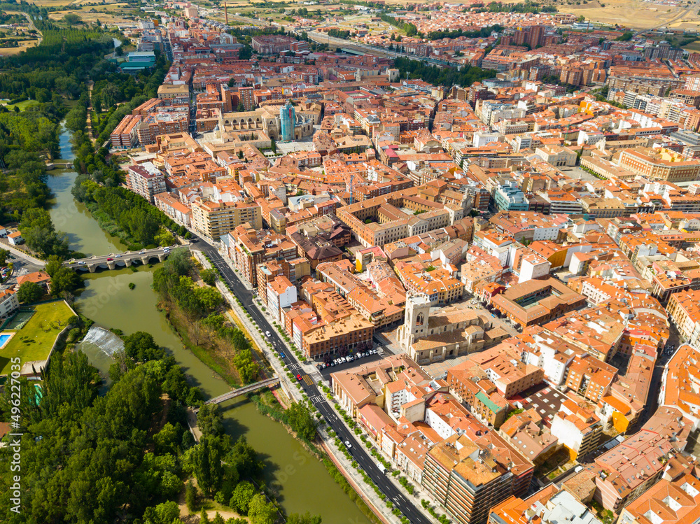Panoramic view from the drone on the city Palencia. Spain