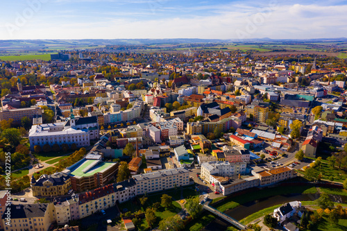 Aerial view of historical Silesian city of Opava on sunny autumn day, Czech Republic..