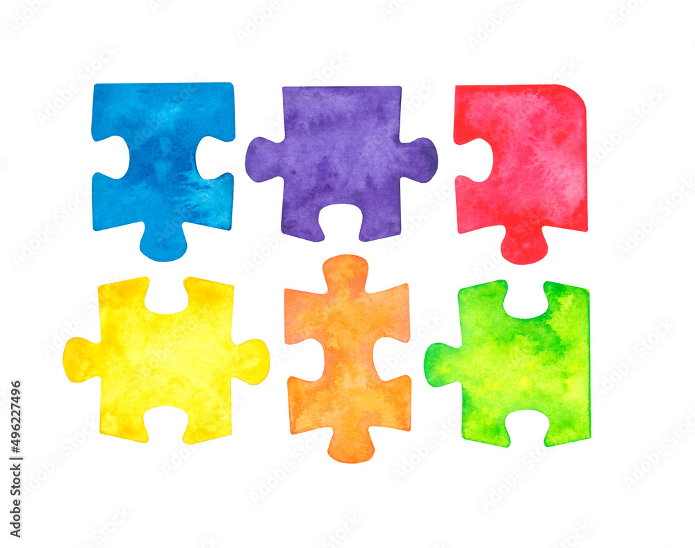 Puzzle pieces in different colors, hand-painted in watercolor, isolated on a white background for your design. Puzzle pieces in different colors, hand-painted in watercolor, isolated on a white background for your design.