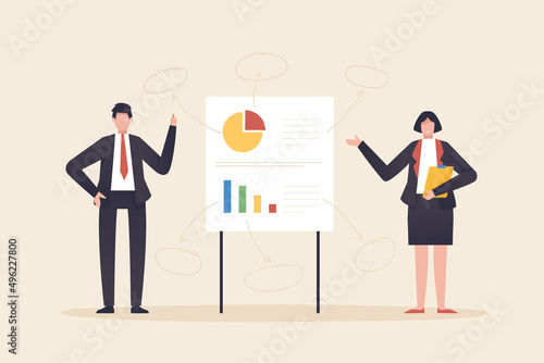 Business men and women presenting business growth information or big data. Business team presentations, Work progress presentations. Analyze the business on the whiteboard at a meeting or company meet