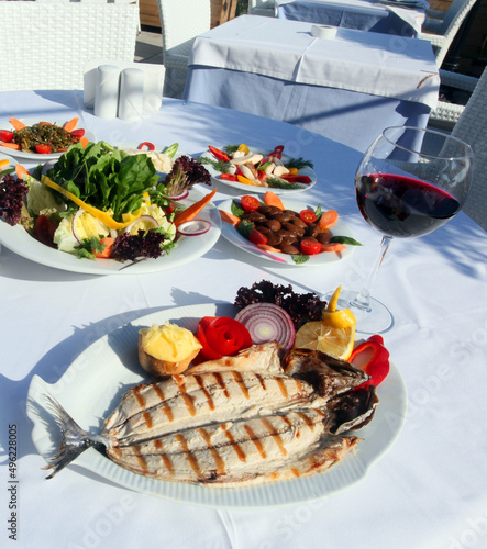 Photography Grilled perch fish (Turkish: Levrek) with appetizer foods and red wine on the dinner plate