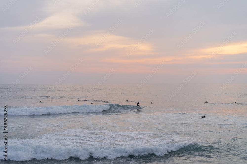 Surfers catch waves at sunset in the ocean. Surfing background