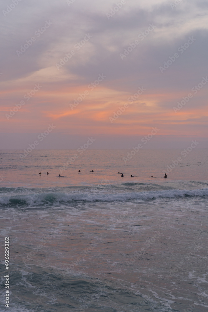 Surfers catch waves at sunset in the ocean. Surfing background