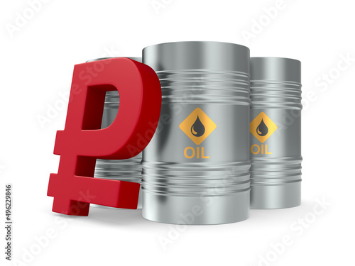 sign ruble and three metallic barrels on white background. Isolated 3D illust...