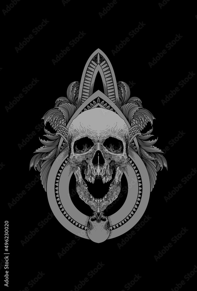 Fototapeta premium Dark art Art work Skull Demon Head human with Ornament Illustration Black art