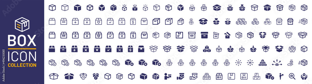 Box icon collection. Package, delivery boxes, cargo box icon. Cargo distribution symbol vector illustration. - obrazy, fototapety, plakaty 