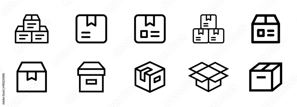 Box icon set. Carton box icon collection. Parcel symbol vector in outline design.