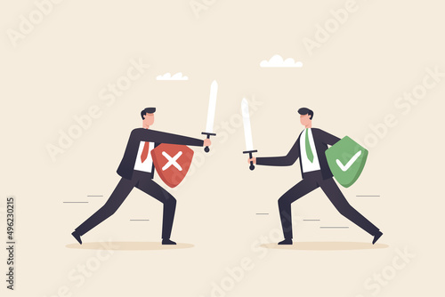Business decisions, right or wrong, true or false, right and wrong, The choice of compete in business. A businessman wields his sword at one another to judge right or wrong.