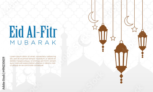Eid Mubarak theme background template. Suitable for design element of Happy Eid greeting. Eid Al Fitr vector illustration with lantern and mosque silhouette.