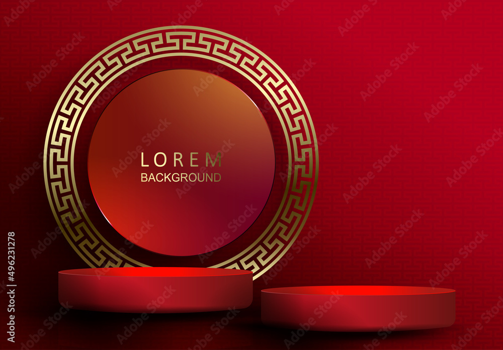 Red texture composition with a stage and a round isolated frame with a ...