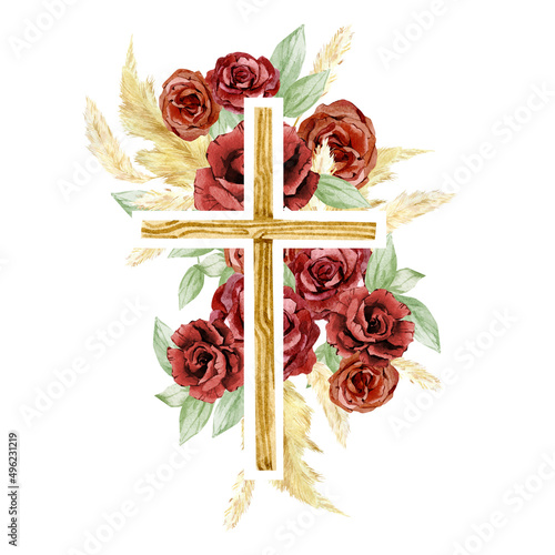 Vászonkép Watercolor hand painted Cross with flowers