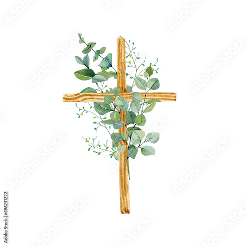 Hand painted Cross Clipart, Watercolor Christian wooden cross with florals eucalyptus bouquet, Baptism Cross, Holy Spirit, Easter Religious illustration