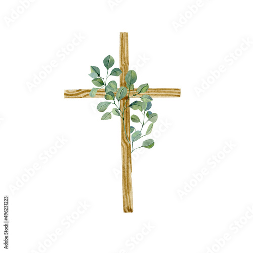 Hand painted Cross Clipart, Watercolor Christian wooden cross with florals eucalyptus bouquet, Baptism Cross, Holy Spirit, Easter Religious illustration