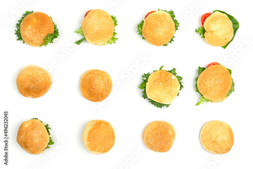 Pattern, bread, burger, hamburger, or barbecue. With vegetable and tomato salad on a white background