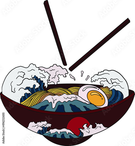 Traditional Japanese ramen and wave for restaurant printing on wallpaper.Ramen vector illustration for doodle art.Sunrise with chopsticks vector for painting on background.