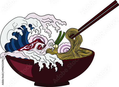 Traditional Japanese ramen and wave for restaurant printing on wallpaper.Ramen vector illustration for doodle art.Sunrise with chopsticks vector for painting on background.