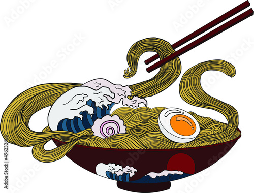 Traditional Japanese ramen and wave for restaurant printing on wallpaper.Ramen vector illustration for doodle art.Sunrise with chopsticks vector for painting on background.