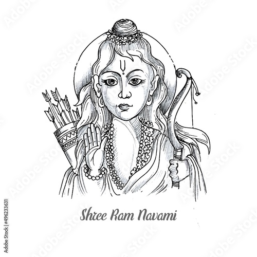 Hand draw sketch lord shri ram navami card background photo