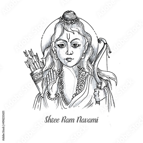 Hand draw sketch lord shri ram navami card background