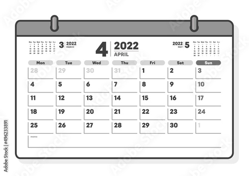 2022年4月のカレンダー - 月曜始まりのマンスリーカレンダー・3ヶ月分 - 白黒