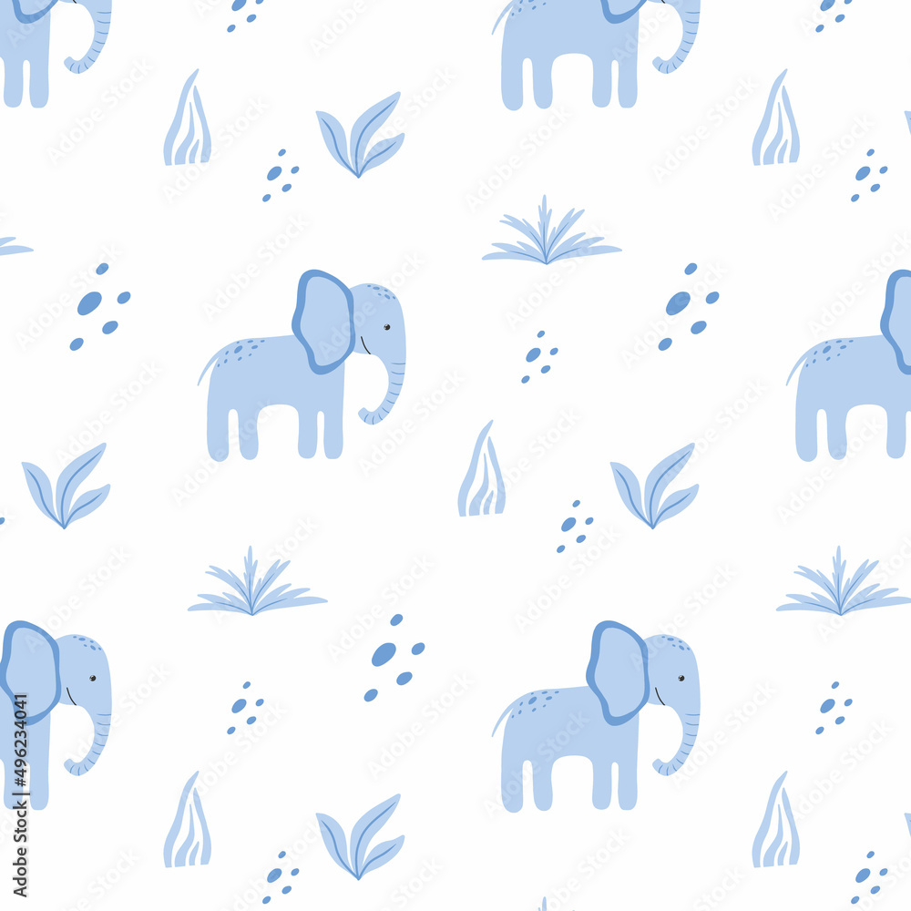 Fototapeta premium Childish seamless pattern with cute elephant. Drawn pattern with blue elephant and plants. Vector illustration.