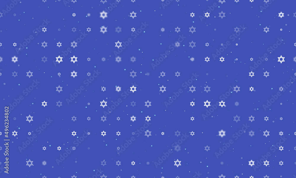 Seamless background pattern of evenly spaced white star of David symbols of different sizes and opacity. Vector illustration on indigo background with stars