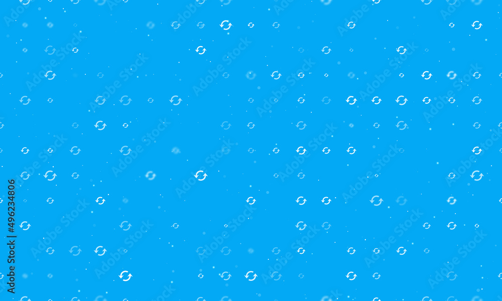 Seamless background pattern of evenly spaced white refresh symbols of different sizes and opacity. Vector illustration on light blue background with stars