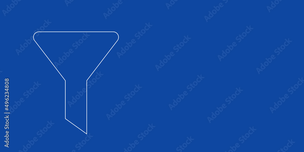 A large white outline funnel symbol on the left. Designed as thin white lines. Vector illustration on blue background A large white outline funnel symbol on the left. Designed as thin white lines. Vector illustration on blue background