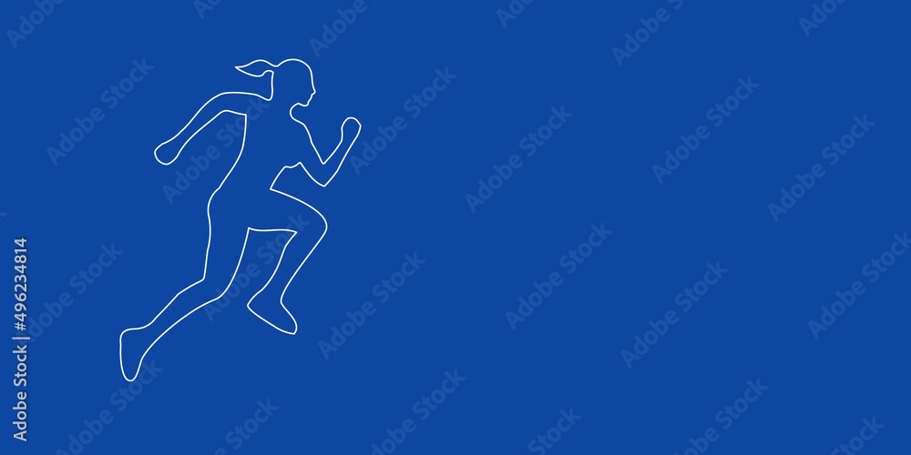 A large white outline running woman symbol on the left. Designed as thin white lines. Vector illustration on blue background A large white outline running woman symbol on the left. Designed as thin white lines. Vector illustration on blue background