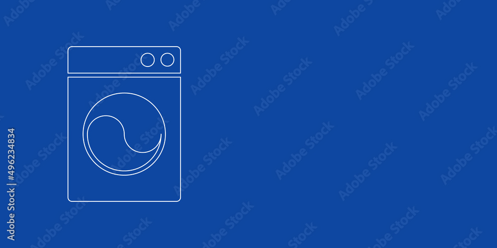 A large white outline washer symbol on the left. Designed as thin white lines. Vector illustration on blue background A large white outline washer symbol on the left. Designed as thin white lines. Vector illustration on blue background