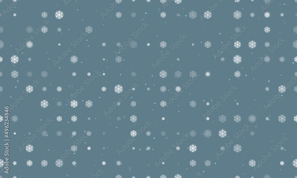 Seamless background pattern of evenly spaced white snowflake symbols of different sizes and opacity. Vector illustration on blue gray background with stars