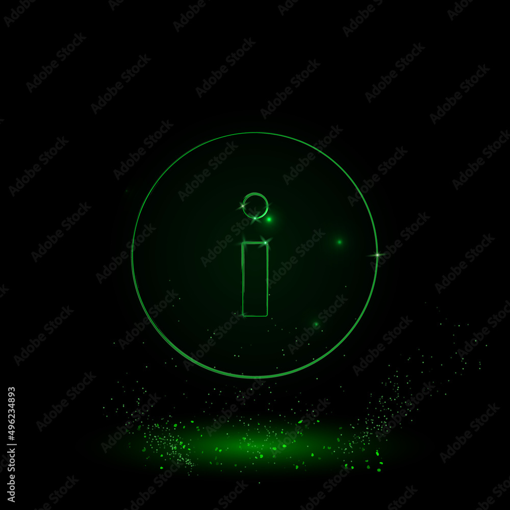 A large green outline info symbol on the center. Green Neon style. Neon color with shiny stars. Vector illustration on black background A large green outline info symbol on the center. Green Neon style. Neon color with shiny stars. Vector illustration on black background