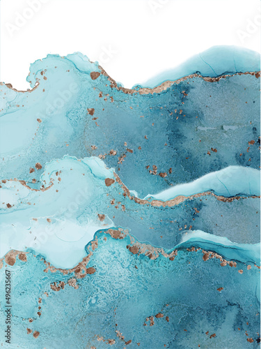 Alcohol ink texture. Abstract hand painted blue and gold background.