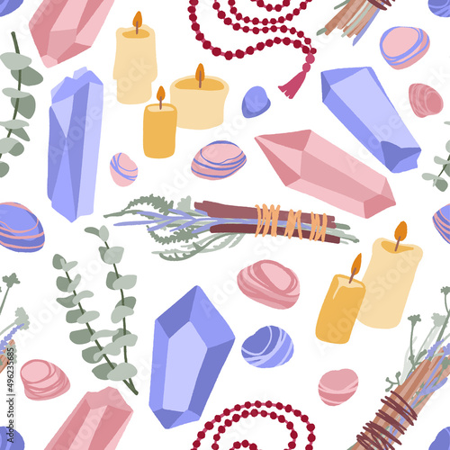 Seamless pattern with different items for spiritual practices, yoga or wellness.