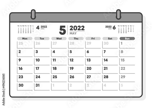  2022年5月のカレンダー - 月曜始まりのマンスリーカレンダー・3ヶ月分 - 白黒