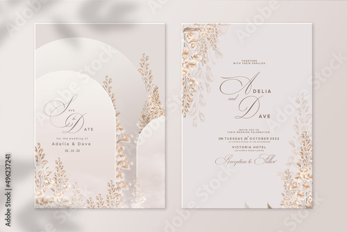 Floral Wedding Invitation and Save the Date with beige Flower