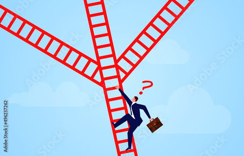 Fototapeta Naklejka Na Ścianę i Meble -  Businessman climbing ladder to crossroad without decision, business or career choice, choosing and looking for a way to get success, multiple opportunities and options
