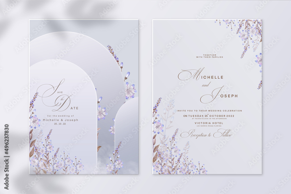 Geometric Wedding Invitation and Save the Date with Purple Flower Geometric Wedding Invitation and Save the Date with Purple Flower