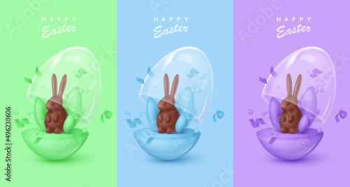 Glossy colored egg with opened glass dome and chocolate rabbit, bunny, serpentine, leaves. Happy Easter poster. Vector illustration for card, party, design, flyer, banner, web, advertising.