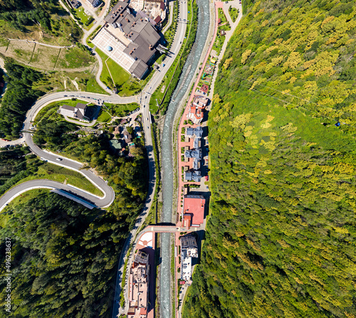 Sochi, Russia. Village Rosa Khutor. Valley of the Mzymta River. Aerial view photo