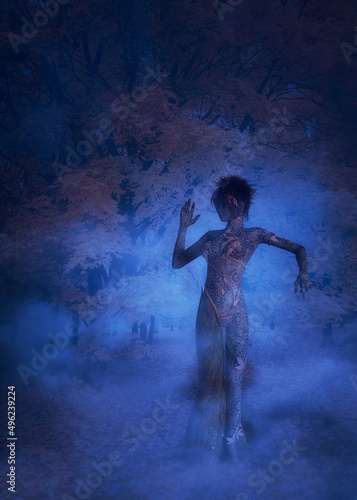 3D Dryad woman in night autumn forest © AnnaPa