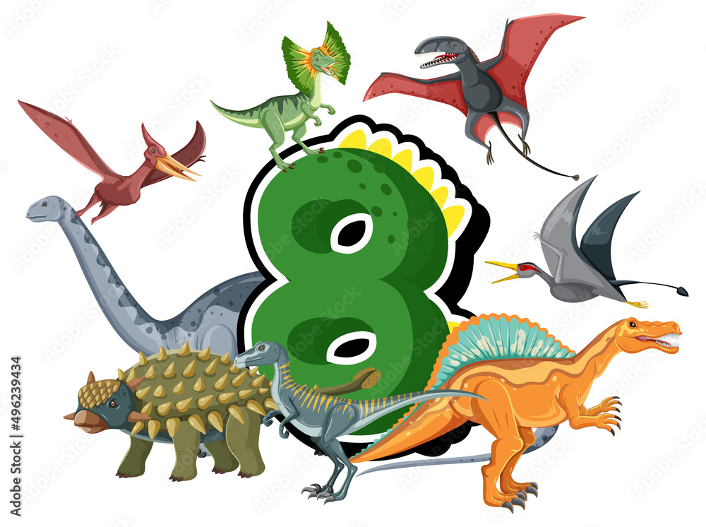 Fototapeta premium Eight dinosaurs with number eight cartoon