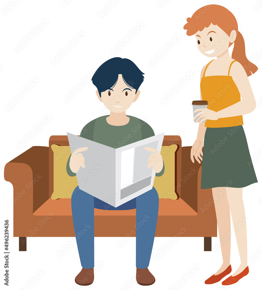 A man reading newspaper and woman holding coffee flat design A man reading newspaper and woman holding coffee flat design