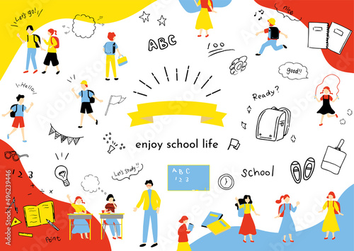 学校生活アイコンと子どもたちのセット