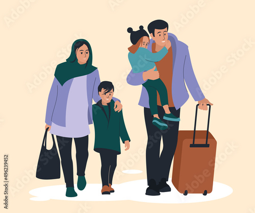Family with children. Refugees. People are being evacuated from the war zone. Vector image.