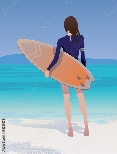 The girl is a sportswoman on the shore of the ocean with a surfboard. Vector.