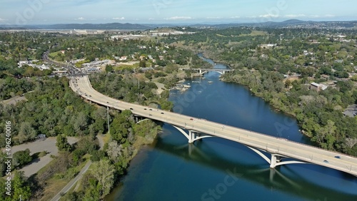 View of the American River as it winds through the city of Folsom, California.
