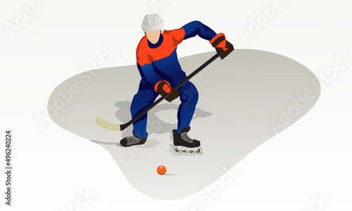 A young athlete on roller skates, wearing a helmet and with a hockey stick in a red and blue uniform.