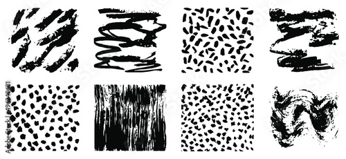 Striped, dotted, wavy ink or watercolor textures on a white background. Set of black abstract vector textures.