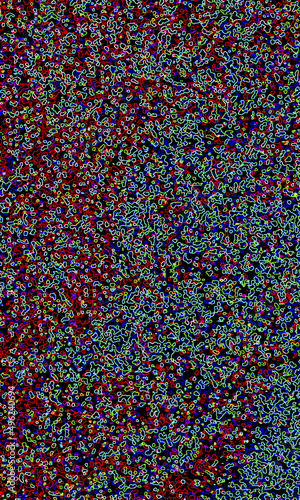 On a black background, many contours of amorphous shapes overlap and overlap. The contours of bright neon colors. For the concept of night activities, clubs, parties or space-related technologies.